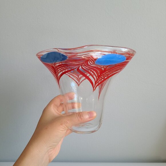 Artisan Hand-Blown Pulled Feather Red Blue Bud Vase Cotemporary Modern Signed - Picture 4 of 8